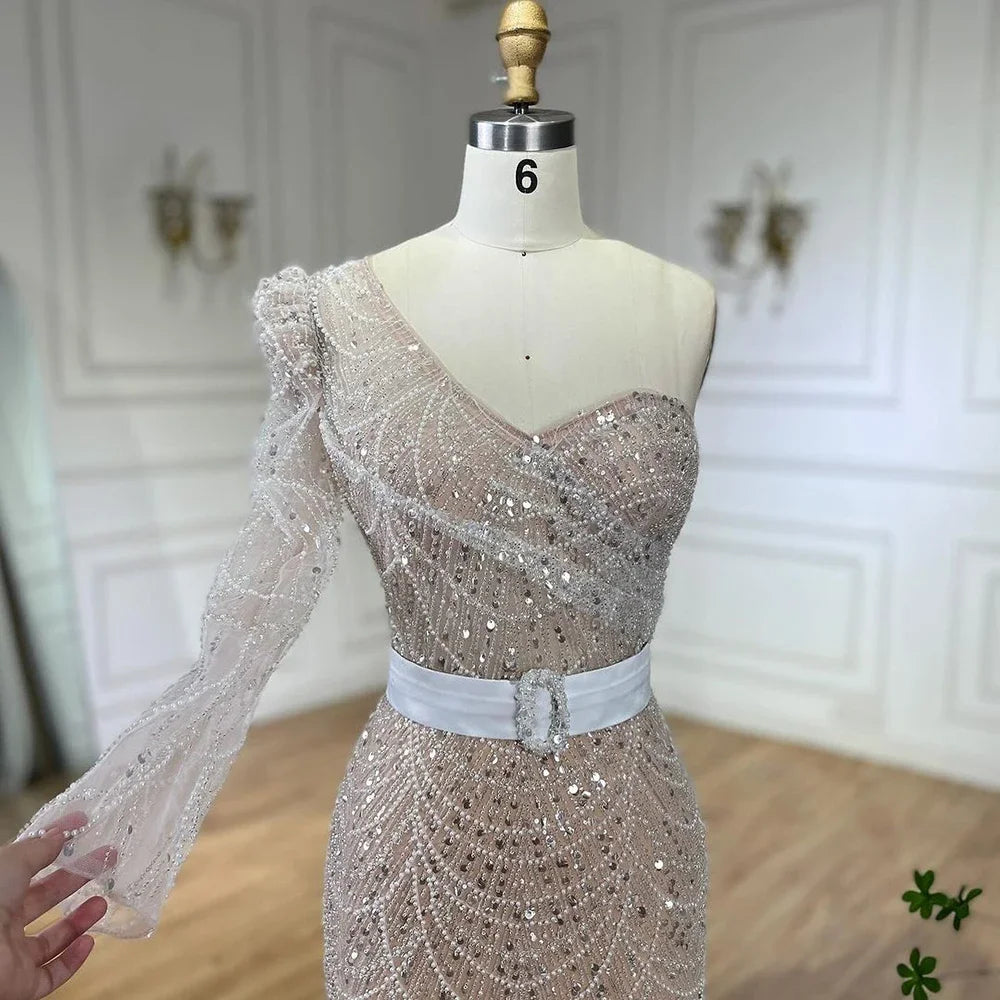 White Nude Mermaid One Shoulder High Split Beaded Luxury Evening Dresses Gowns For Women Wedding Party 2025 LA72269