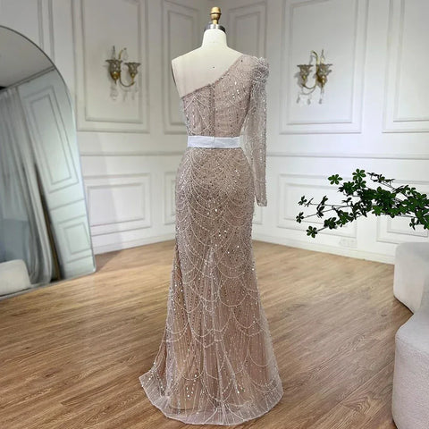 Vestido de noche de lujo con escote sirena, un hombro, abertura alta y cuentas, color blanco nude, para mujer, para boda, fiesta, 2025, LA72269 