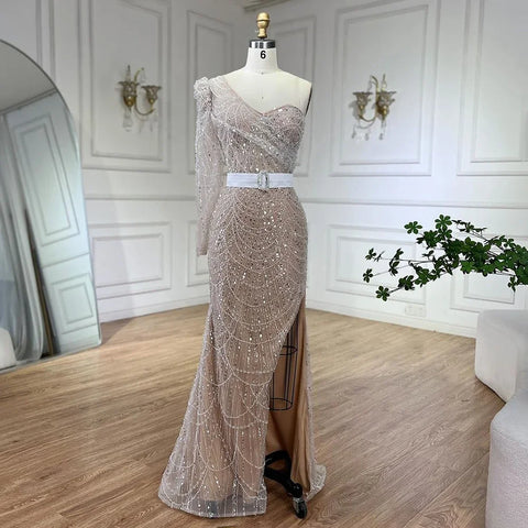 Vestido de noche de lujo con escote sirena, un hombro, abertura alta y cuentas, color blanco nude, para mujer, para boda, fiesta, 2025, LA72269 