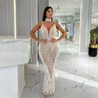 White Nude Mermaid Spaghetti Strap Beaded Feather Evening Dress Gown LA72047
