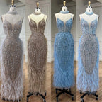 White Nude Mermaid Spaghetti Strap Beaded Feather Evening Dress Gown LA72047