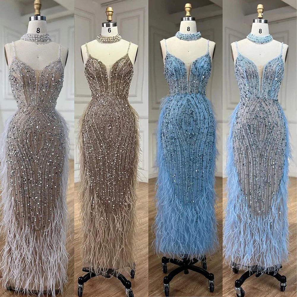 White Nude Mermaid Spaghetti Strap Beaded Feather Evening Dress Gown LA72047