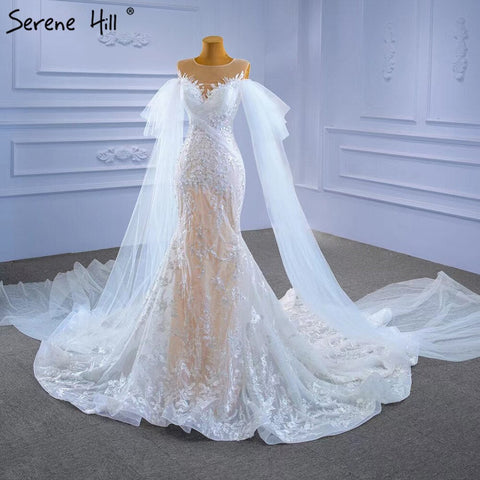 Vestidos de novia de sirena color nude blanco 2025 con encaje de cuentas, elegantes mangas de capa, vestidos de novia HM67294 hechos a medida 