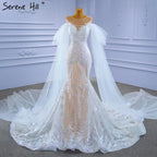 White Nude Mermaid Wedding Dresses 2025 Beaded Lace Elegant Cape Sleeves Bride Gowns HM67294 Custom Made
