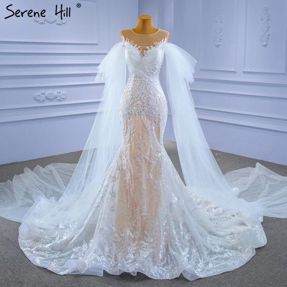 White Nude Mermaid Wedding Dresses 2025 Beaded Lace Elegant Cape Sleeves Bride Gowns HM67294 Custom Made