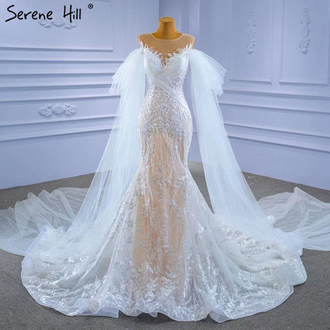 Vestidos de novia de sirena color nude blanco 2025 con encaje de cuentas, elegantes mangas de capa, vestidos de novia HM67294 hechos a medida 