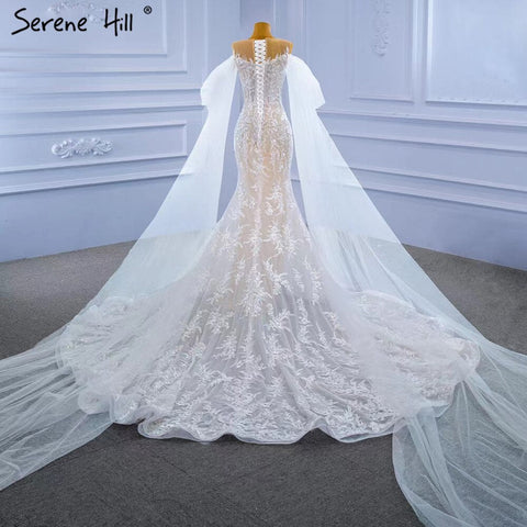 Vestidos de novia de sirena color nude blanco 2025 con encaje de cuentas, elegantes mangas de capa, vestidos de novia HM67294 hechos a medida 