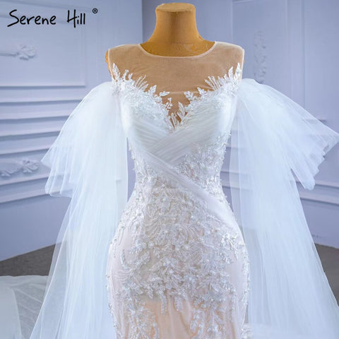 Vestidos de novia de sirena color nude blanco 2025 con encaje de cuentas, elegantes mangas de capa, vestidos de novia HM67294 hechos a medida 