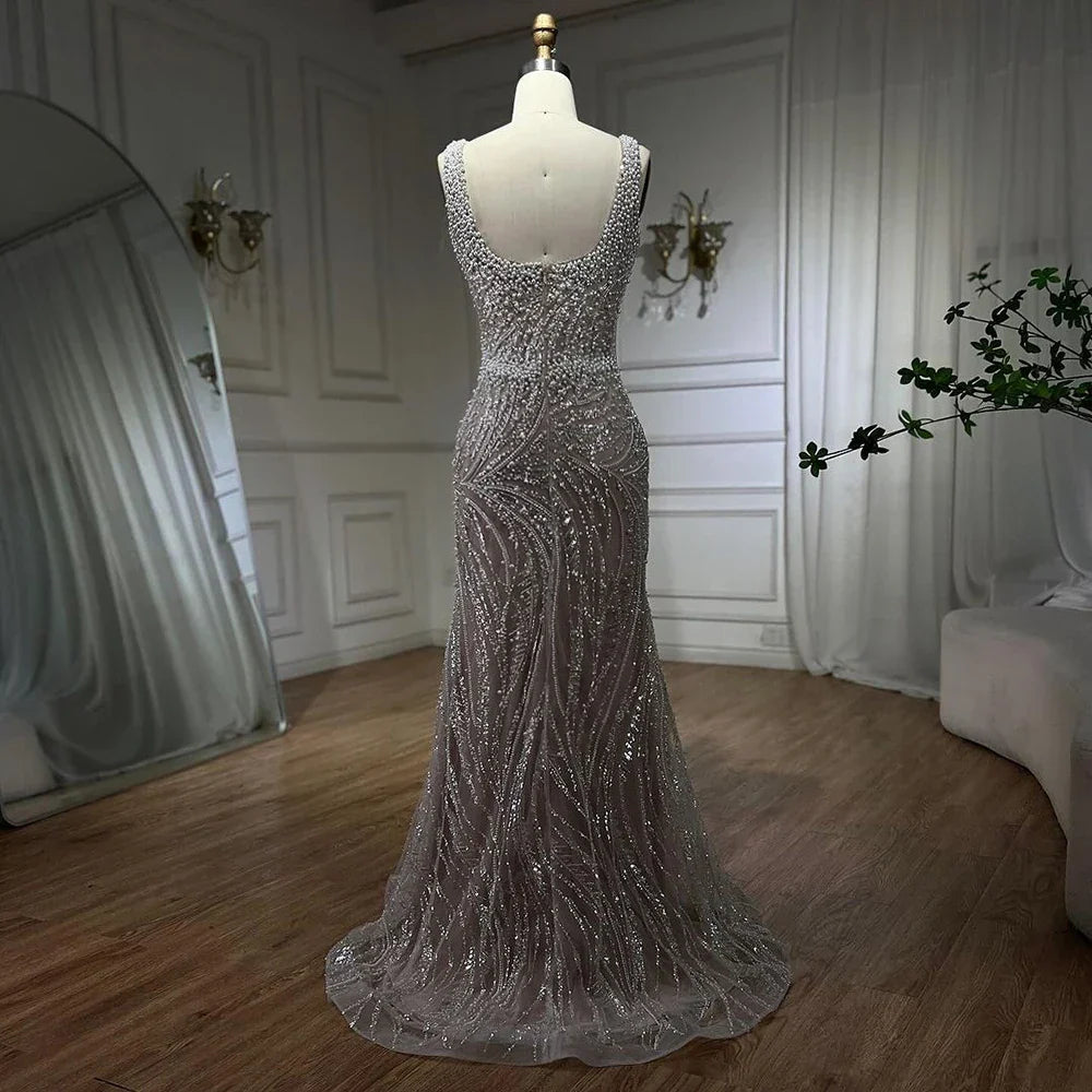 White Nude Spaghetti Strap Mermaid Evening Dresses Gowns Luxury Pearls Beaded For Women Wedding Party 2025 LA72266