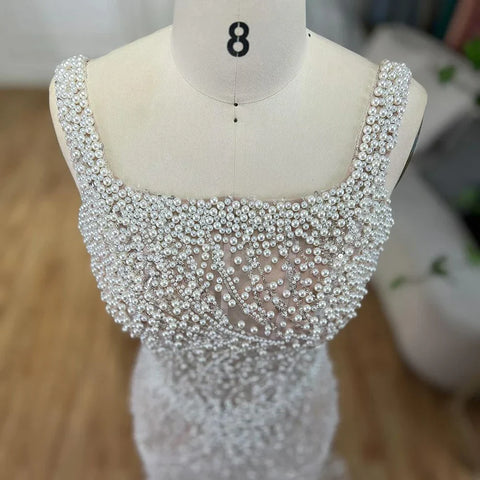 Vestido de noche de sirena con tirantes finos en blanco nude, de lujo, con perlas y cuentas, para mujer, ideal para bodas, 2025, LA72266 