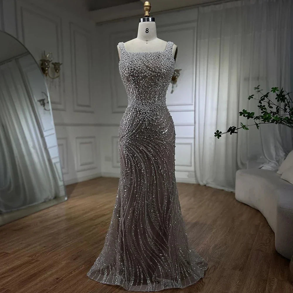 White Nude Spaghetti Strap Mermaid Evening Dresses Gowns Luxury Pearls Beaded For Women Wedding Party 2025 LA72266