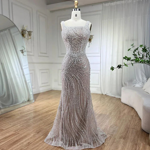 Vestido de noche de sirena con tirantes finos en blanco nude, de lujo, con perlas y cuentas, para mujer, ideal para bodas, 2025, LA72266 
