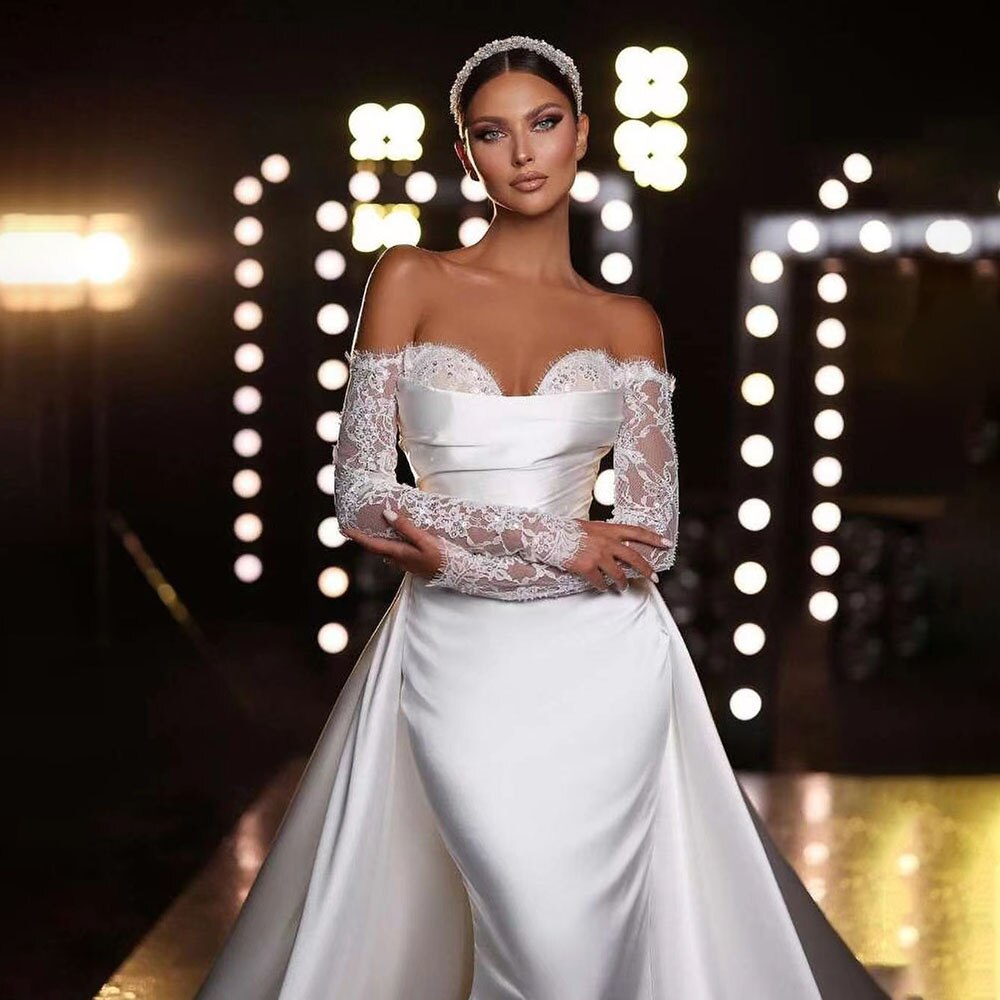 White Off Shoulder Satin Mermaid Overskirt Wedding Dresses Elegant Bridal Gowns Engagement Party For Women HA2529