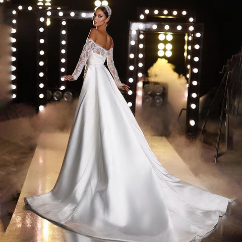 Vestido de novia elegante de satén blanco con hombros descubiertos y corte sirena para fiesta de compromiso HA2529 