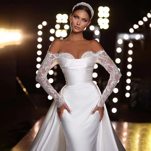 Vestido de novia elegante de satén blanco con hombros descubiertos y corte sirena para fiesta de compromiso HA2529 