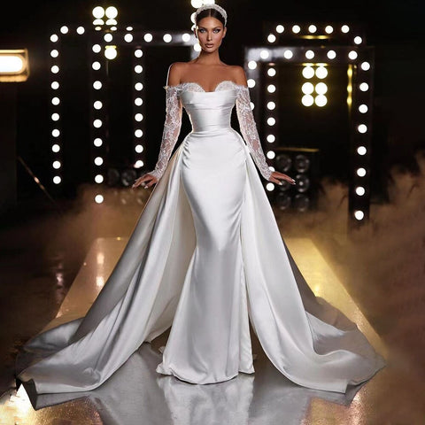 Vestido de novia elegante de satén blanco con hombros descubiertos y corte sirena para fiesta de compromiso HA2529 