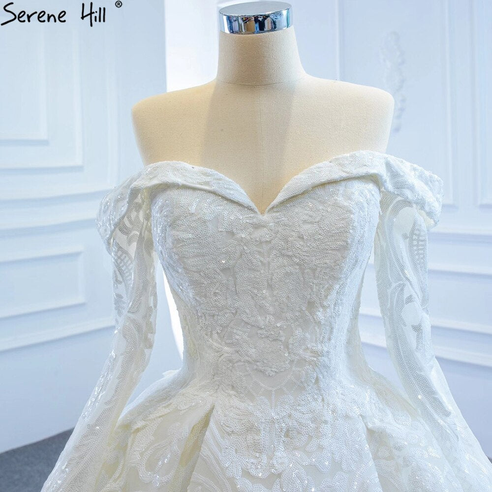 White Off Shoulder Sparkle Wedding Dresses Gowns Luxury Long Sleeves Lace Up Bridal Dress 2025 HM67222