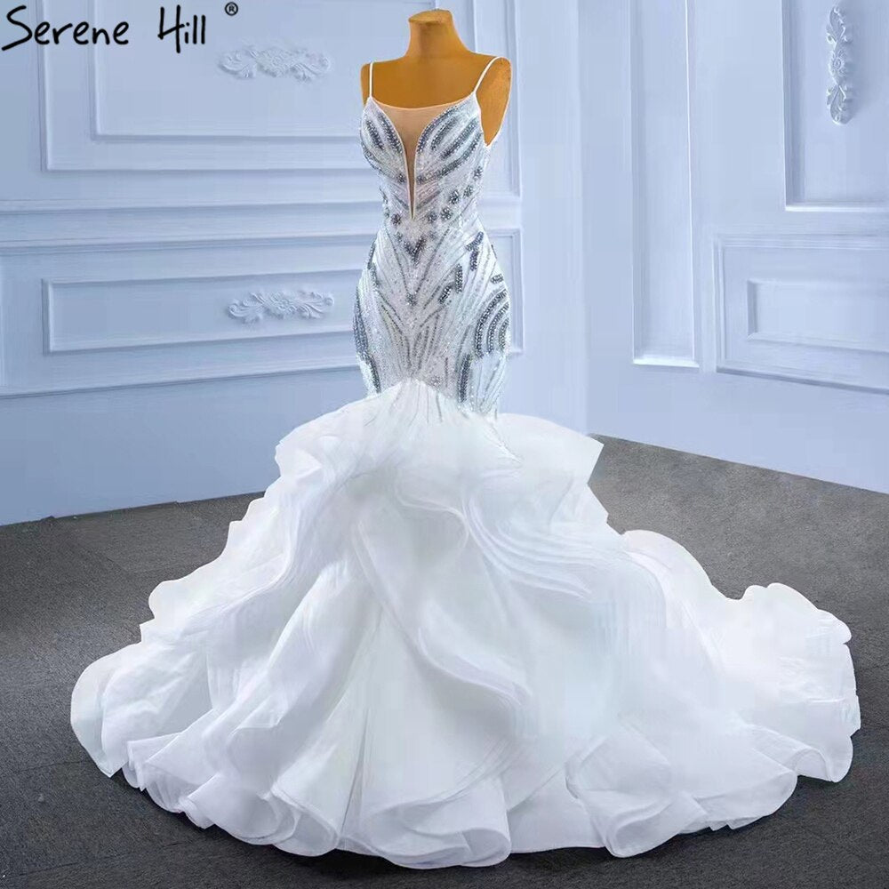 White Ruffles Beaded Luxury Wedding Dresses Gowns 2025 Spaghetti Straps Mermaid Elegant Bridal Dress HM67386