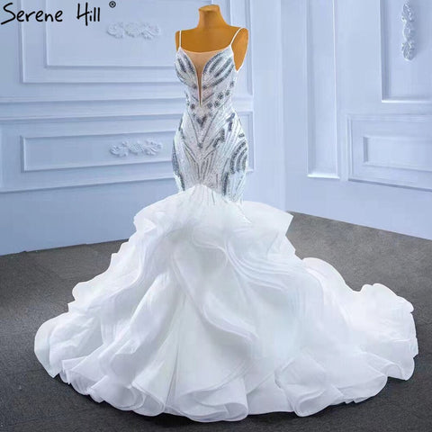 Vestido de novia elegante de lujo con volantes blancos y cuentas, corte sirena y tirantes finos, HM67386, 2025 