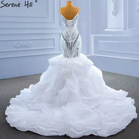Vestido de novia elegante de lujo con volantes blancos y cuentas, corte sirena y tirantes finos, HM67386, 2025 