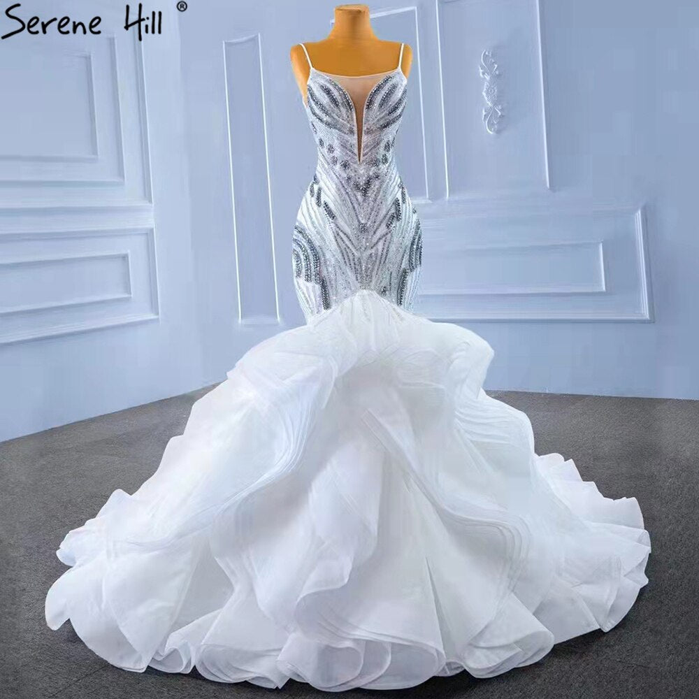 White Ruffles Beaded Luxury Wedding Dresses Gowns 2025 Spaghetti Straps Mermaid Elegant Bridal Dress HM67386