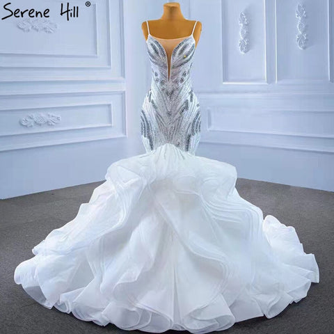 Vestido de novia elegante de lujo con volantes blancos y cuentas, corte sirena y tirantes finos, HM67386, 2025 