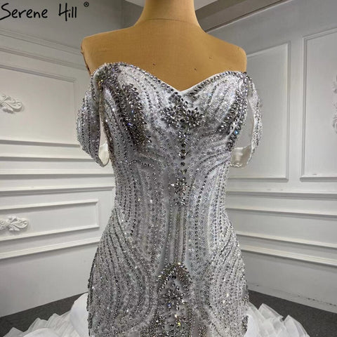 Vestidos de novia blancos con volantes y cuentas 2025, elegantes vestidos de novia de lujo estilo sirena HM67283, hechos a medida 