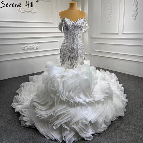 Vestidos de novia blancos con volantes y cuentas 2025, elegantes vestidos de novia de lujo estilo sirena HM67283, hechos a medida 