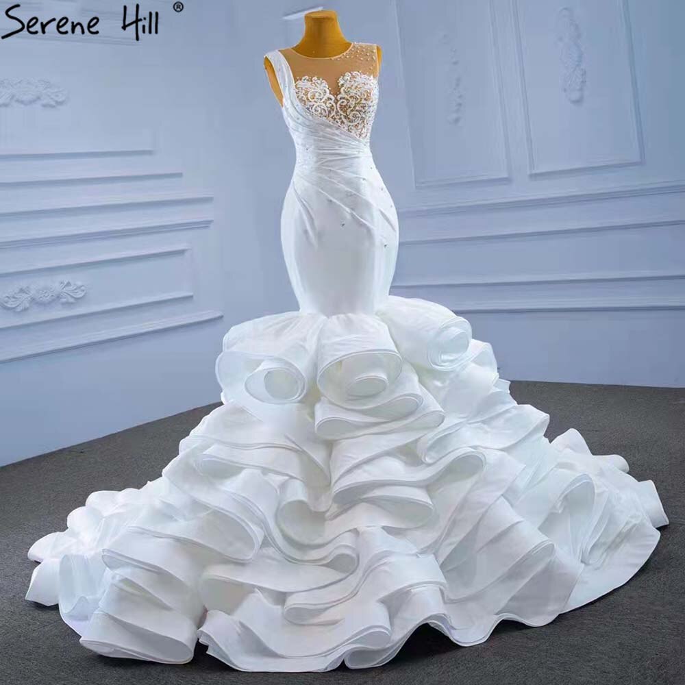 White Ruffles Beaded Wedding Dresses 2025 Sleeveless Luxury High-end Bride Gowns HM67413 Custom Made