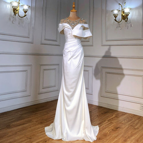 Vestidos de noche de satén blanco con cuentas, corte sirena, elegantes y lujosos, para mujer, fiesta, LA71487 