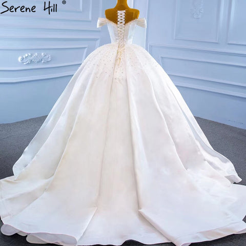 Vestido de novia de satén blanco con cuentas y perlas, sin mangas, de alta gama, con cordones, HM67240 