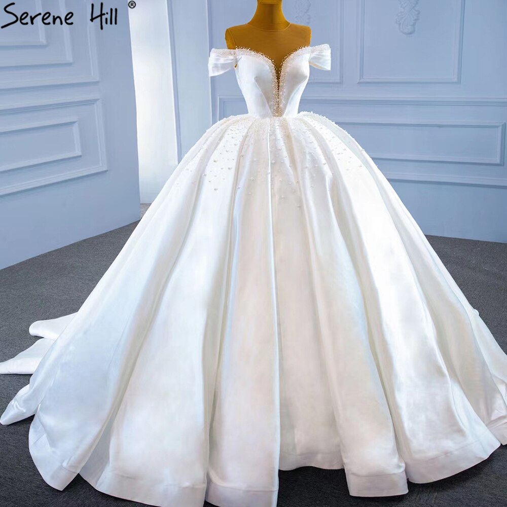 White Satin Beading Pearls Wedding Dresses 2025 Sleeveless High-end Lace Up Bridal Dress HM67240
