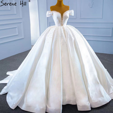 Vestido de novia de satén blanco con cuentas y perlas, sin mangas, de alta gama, con cordones, HM67240 