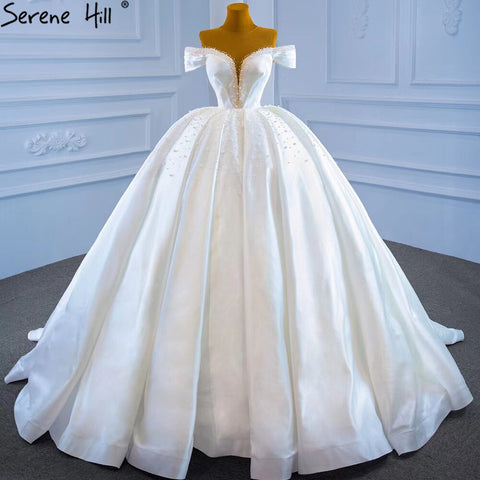 Vestido de novia de satén blanco con cuentas y perlas, sin mangas, de alta gama, con cordones, HM67240 