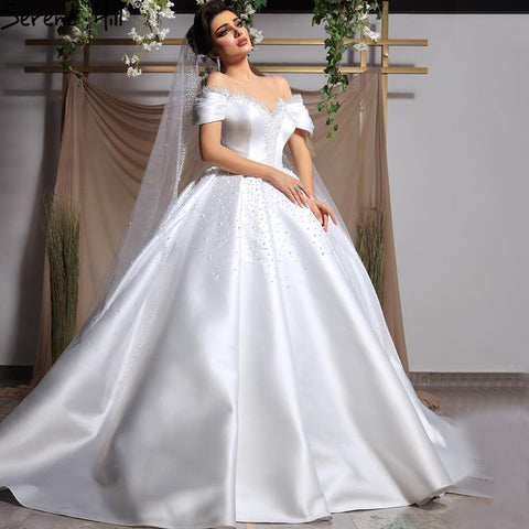 Vestido de novia de satén blanco con cuentas y perlas, sin mangas, de alta gama, con cordones, HM67240 