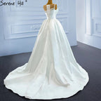 White Satin High Split Wedding Dresses 2025 Beading Pearls Sexy With Train Bridal Dress HM67252 Custom Made