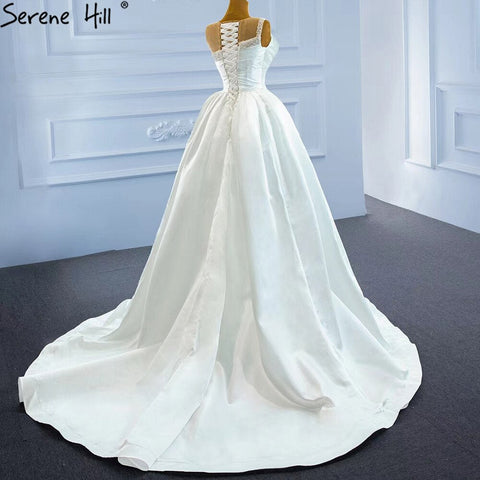 Vestido de novia blanco de satén con abertura alta, con cuentas y perlas, sexy, con cola, HM67252, hecho a medida. 