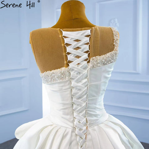 Vestido de novia blanco de satén con abertura alta, con cuentas y perlas, sexy, con cola, HM67252, hecho a medida. 