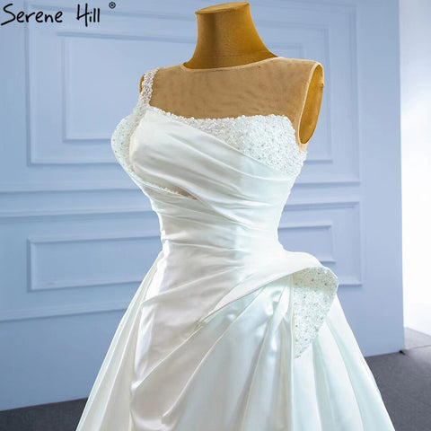 Vestido de novia blanco de satén con abertura alta, con cuentas y perlas, sexy, con cola, HM67252, hecho a medida. 