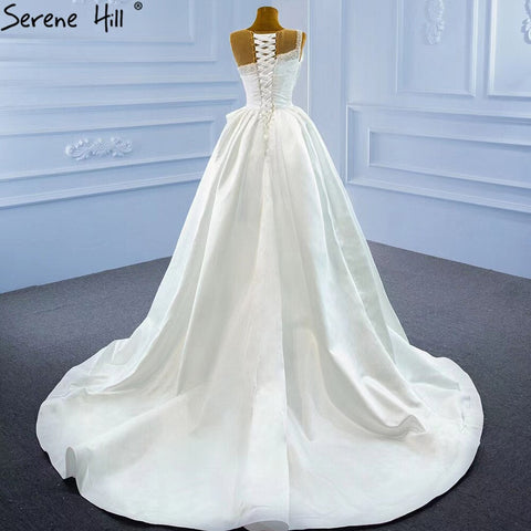 Vestido de novia blanco de satén con abertura alta, con cuentas y perlas, sexy, con cola, HM67252, hecho a medida. 