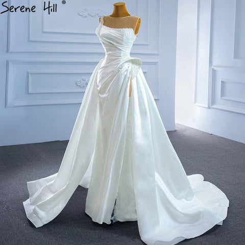Vestido de novia blanco de satén con abertura alta, con cuentas y perlas, sexy, con cola, HM67252, hecho a medida. 