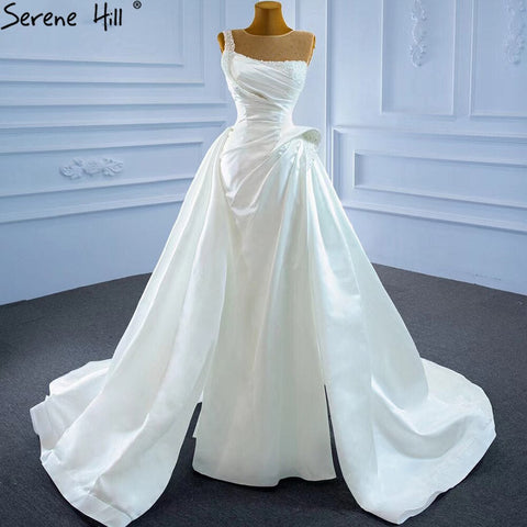 Vestido de novia blanco de satén con abertura alta, con cuentas y perlas, sexy, con cola, HM67252, hecho a medida. 