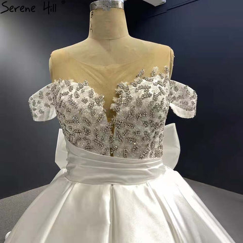 Vestidos de novia de satén blanco con cordones 2025, con lazo de cuentas, vestidos de novia de alta gama HM67412, hechos a medida 