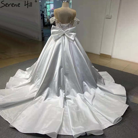 Vestidos de novia de satén blanco con cordones 2025, con lazo de cuentas, vestidos de novia de alta gama HM67412, hechos a medida 