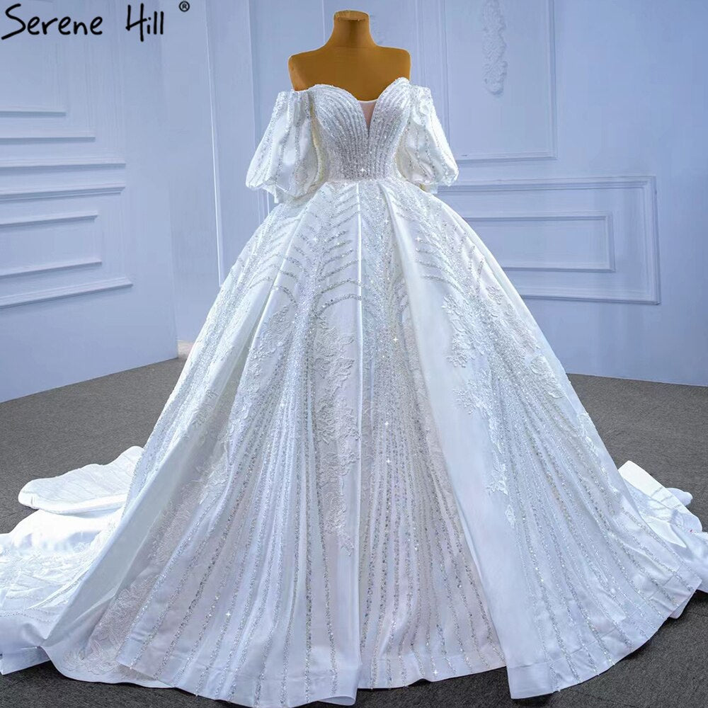 White Satin Luxury Wedding Dresses 2025 Beaded Lantern Sleeve Bride Gowns HM67326 Custom Made