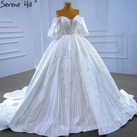 Vestidos de novia de lujo en satén blanco 2025 con mangas farol y cuentas HM67326, hechos a medida 