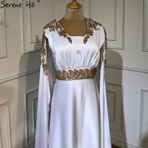 Vestidos de noche de sirena de satén blanco 2025, elegantes, con mangas estilo capa, para mujer, fiesta, LA70682 