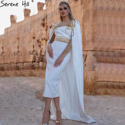 Vestidos de noche de sirena de satén blanco 2025, elegantes, con mangas estilo capa, para mujer, fiesta, LA70682 