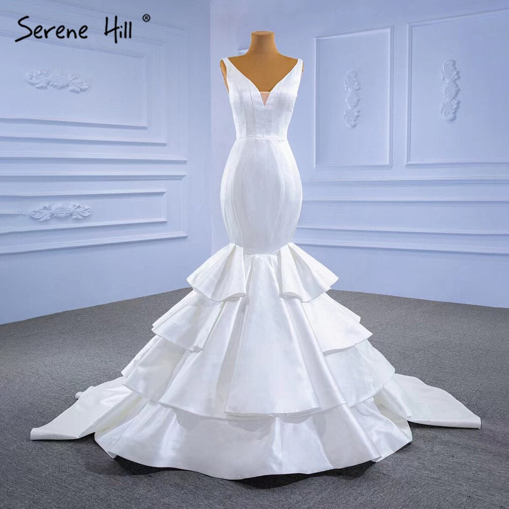 White Satin Mermaid Wedding Dresses 2025 Tiered Elegant Simple Sexy Bride Gowns HM67312 Custom Made