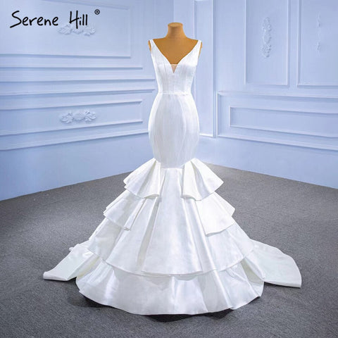 Vestidos de novia de sirena de satén blanco 2025, elegantes, sencillos y sexys, con capas, HM67312, hechos a medida 